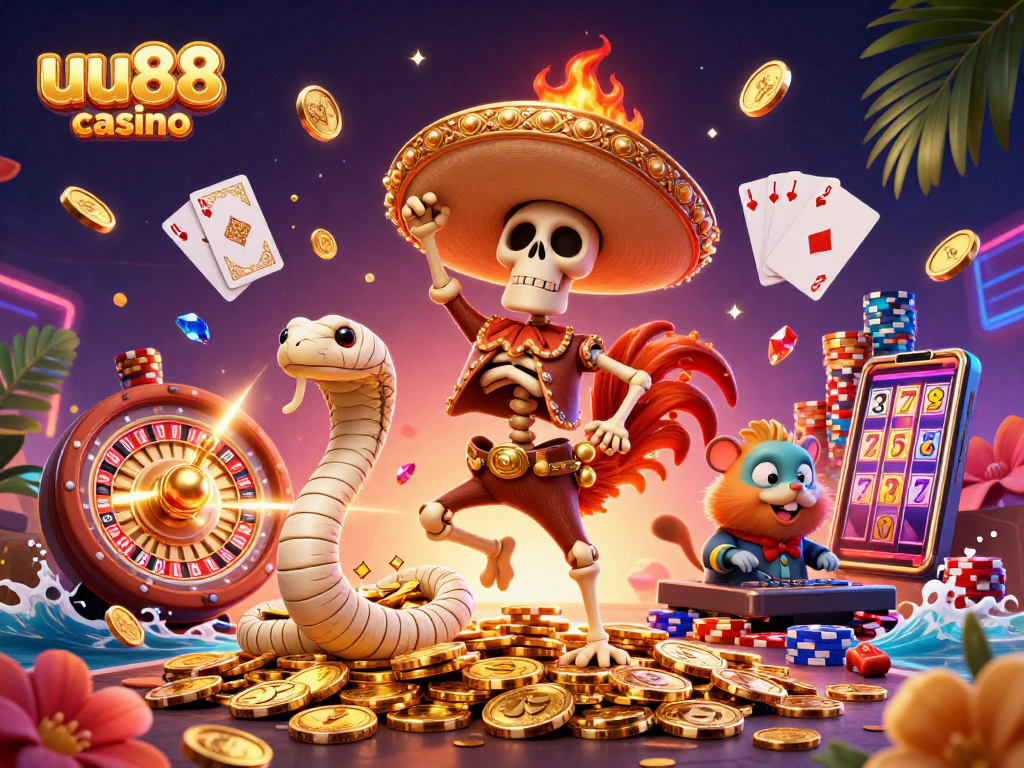 Experience vibrant casino fun with uu88 casino's animated characters celebrating amidst colorful coins and game elements.