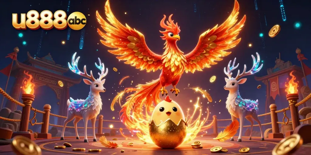 Experience thrilling gameplay with u888 abc as a phoenix soars, symbolizing jackpots.