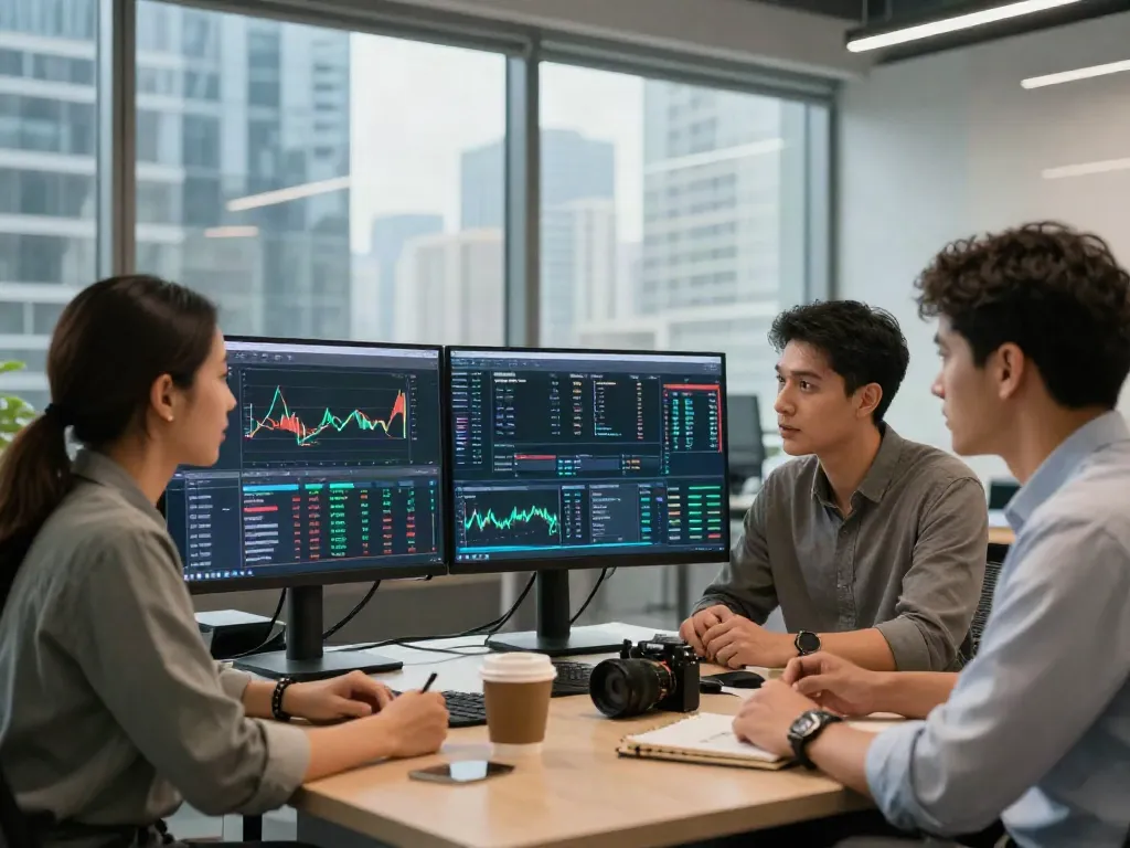 Couponeau, plateforme de trading moderne et interactive, avec des traders analysant des données en temps réel.