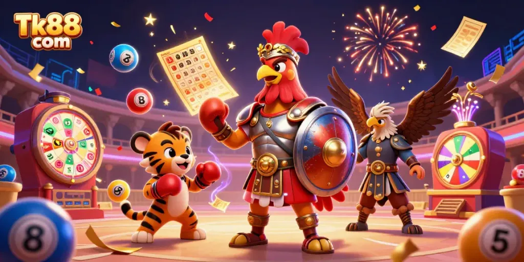 Join the excitement at Tk88 com, featuring a dynamic casino-themed scene with colorful lottery elements.