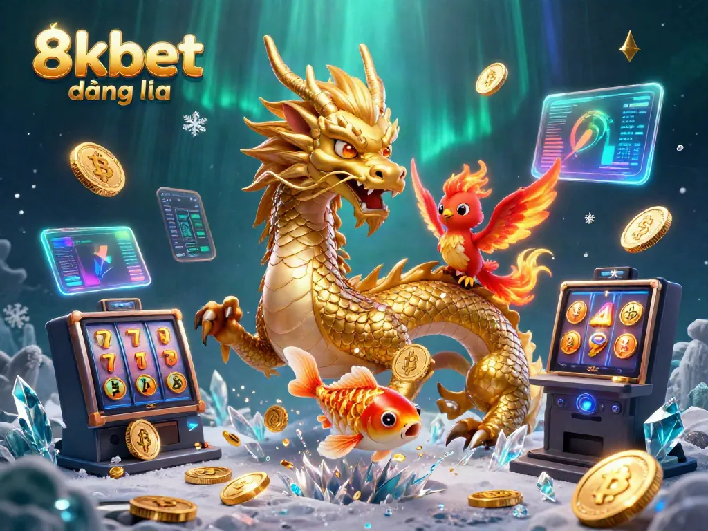 Experience the thrill of 8kbet đăng nhập with a magical dragon, phoenix, and koi fish amid glowing casino symbols.