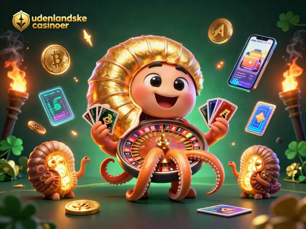 Engage with udenlandske casinoer through vibrant 3D illustration featuring ancient nautilus and crypto elements.