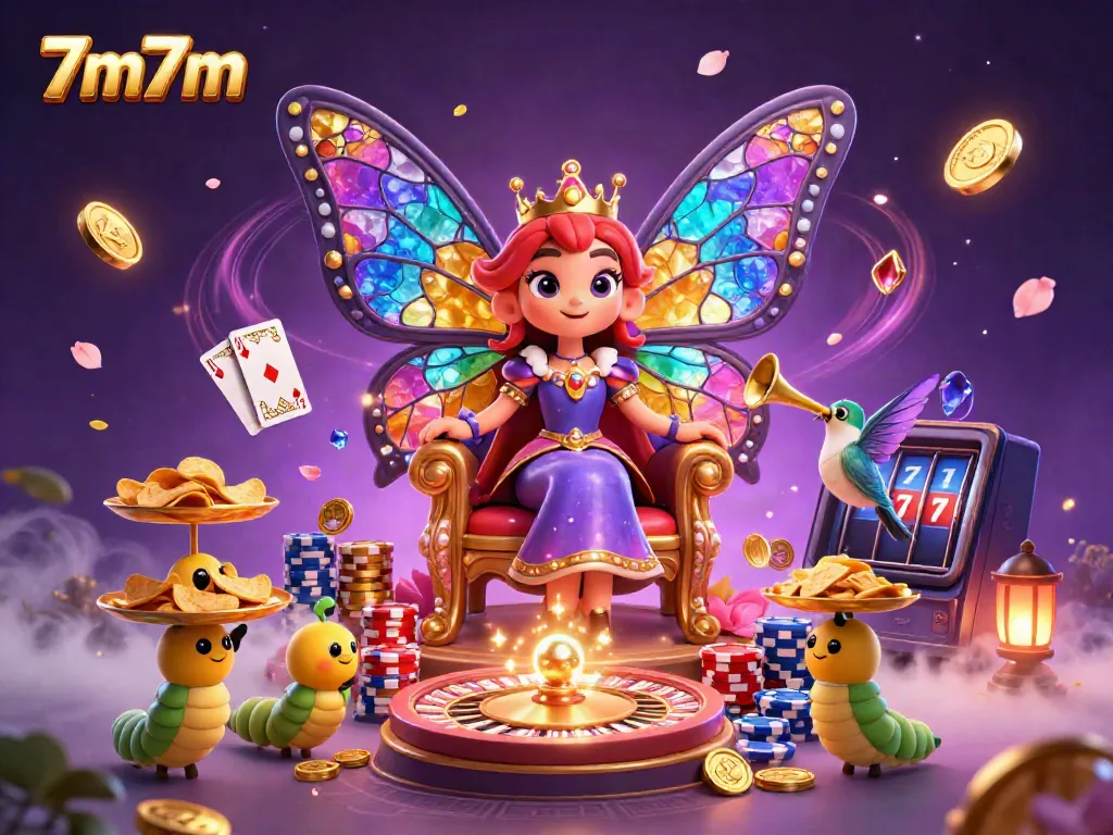 Engage with 7m7m's vibrant gambling universe featuring a butterfly queen and dazzling casino elements.