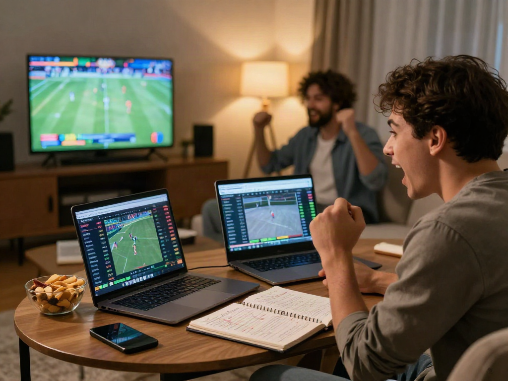 Meilleur site de paris sportif - un parieur passionné entouré d'écrans de match, notes et ambiance conviviale.