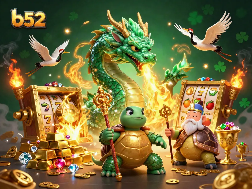 Experience winning adventures with b52, featuring a jade dragon and lucky cranes in a vibrant casino illustration.