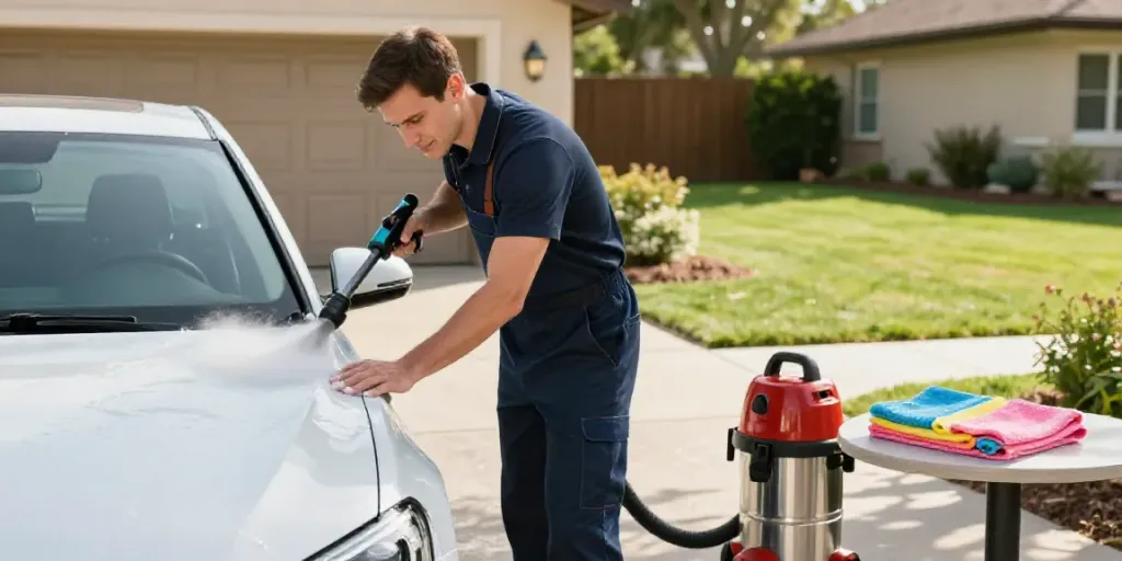Eco-friendly lavage voiture à domicile Toulon, detailer washing a car in a sunny driveway with professional equipment.