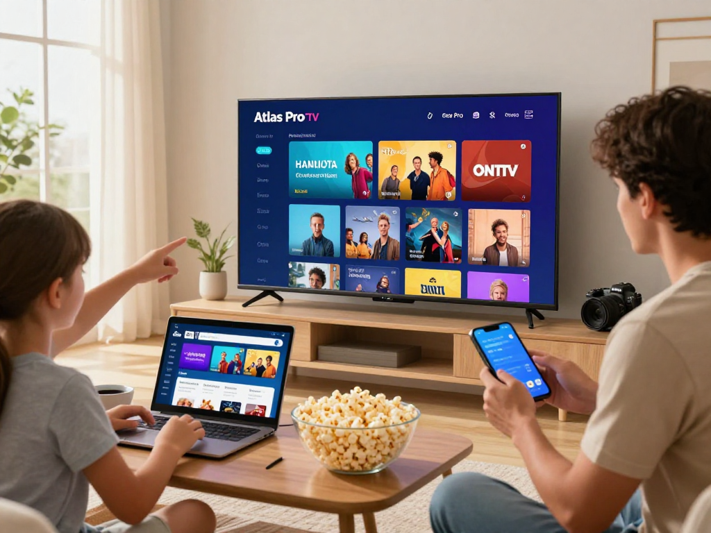 Téléchargez Atlas Pro sur un grand écran avec une famille profitant de l'application IPTV.