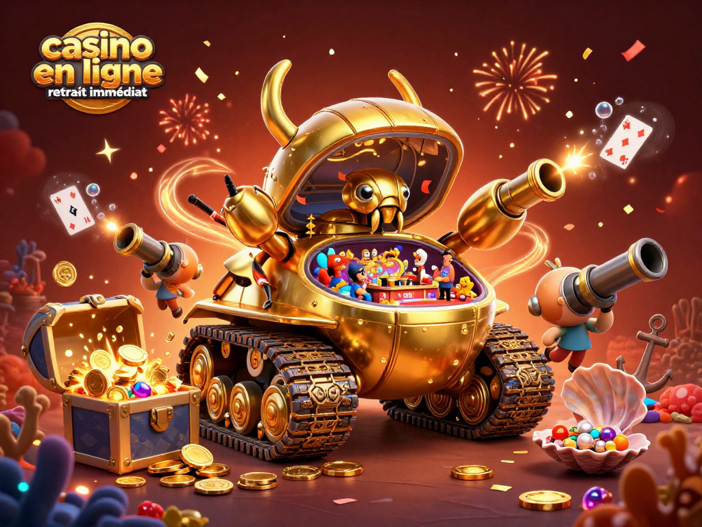 Profitez d'un casino en ligne retrait immédiat dans une scène ludique avec un tank en or et des jeux sous-marins.