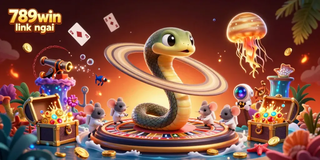 Engage with 789win link mới in a thrilling cosmic casino scene with animated characters.