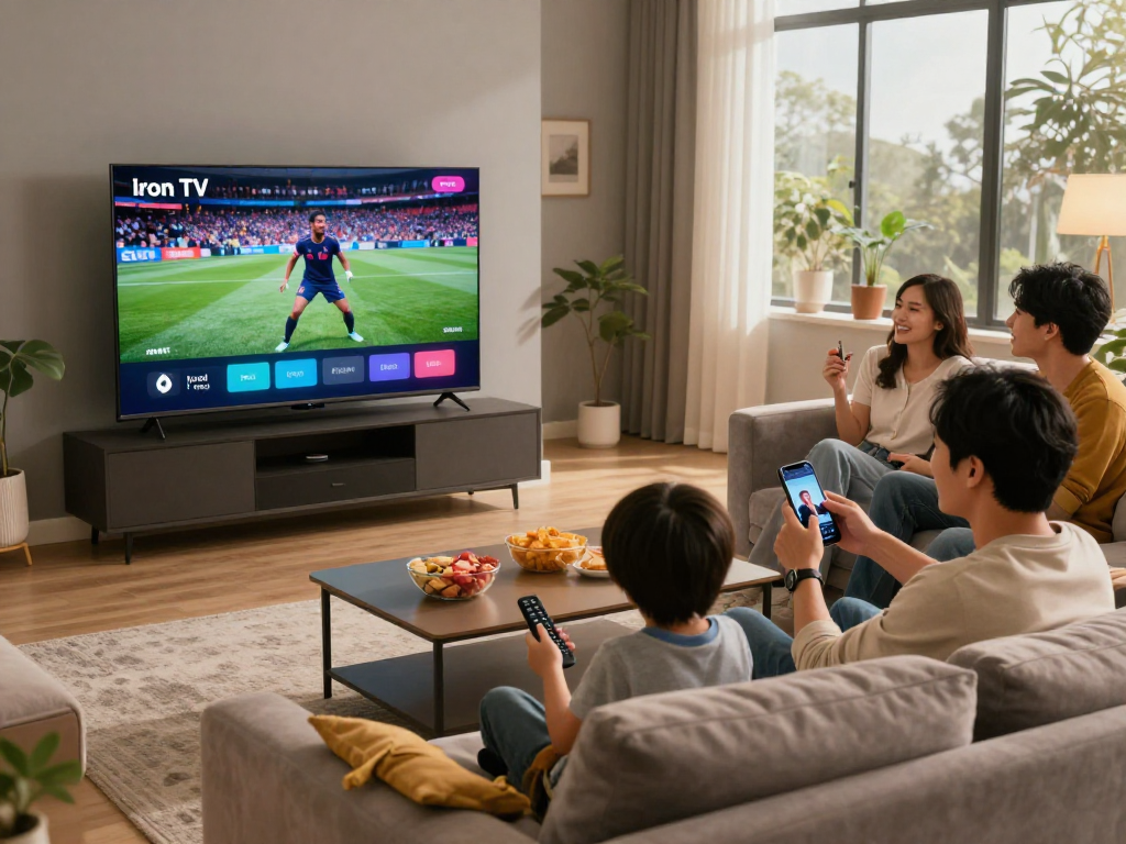 Famille profitant de ses moments de divertissement avec Iron tv dans un salon moderne.