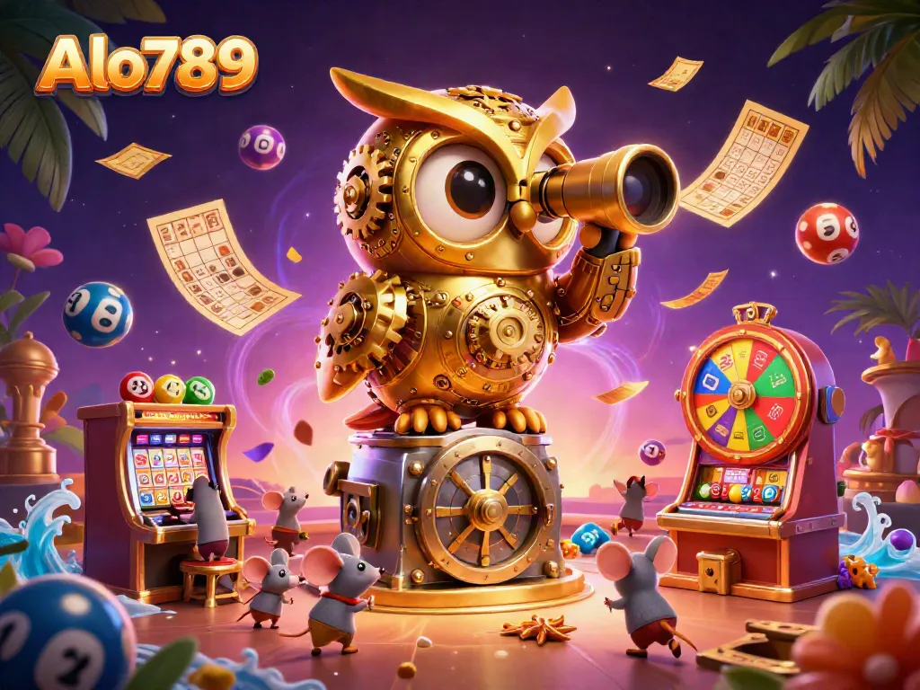 Experience the charm of Alo789's casino floor with a whimsical golden owl and lively action!
