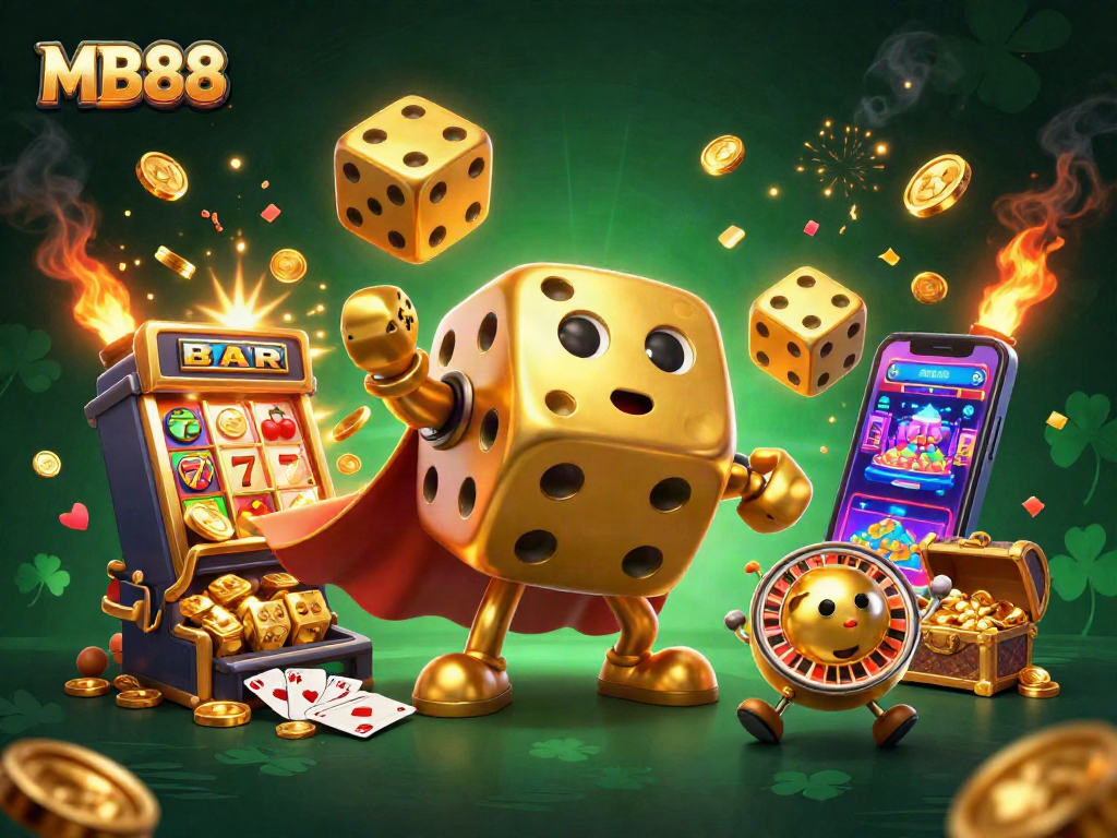 Spin the reels with MB88's vibrant casino illustration featuring golden dice, jackpot coins, and dynamic game elements.