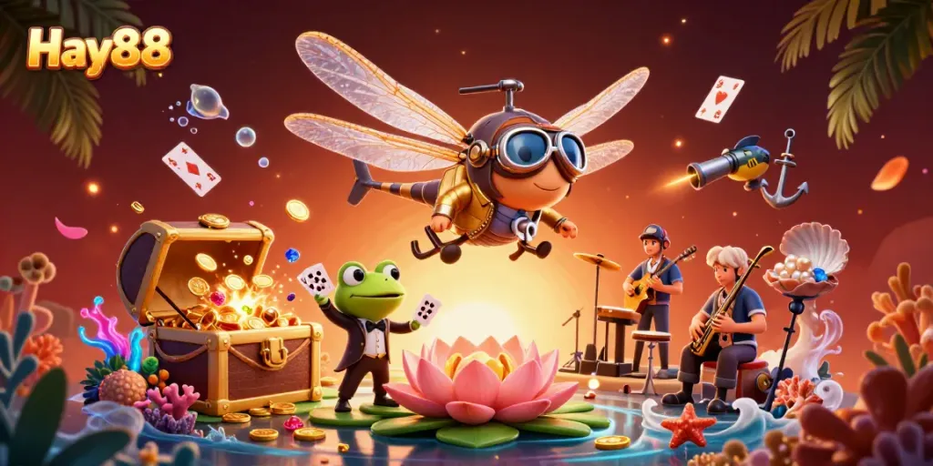 Experience exciting gameplay at Hay88 with a dragonfly pilot, frog dealer, and vibrant casino elements in an engaging scene.