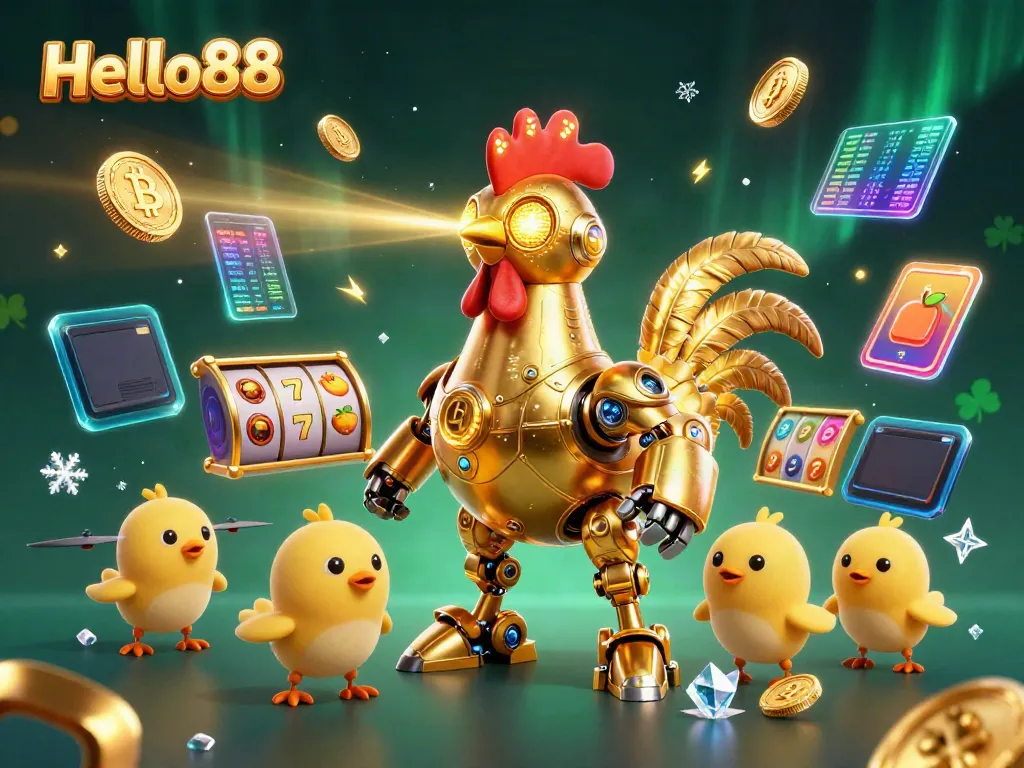 Experience excitement with Hello88's golden rooster robot and baby chick drones amidst vibrant slot elements.