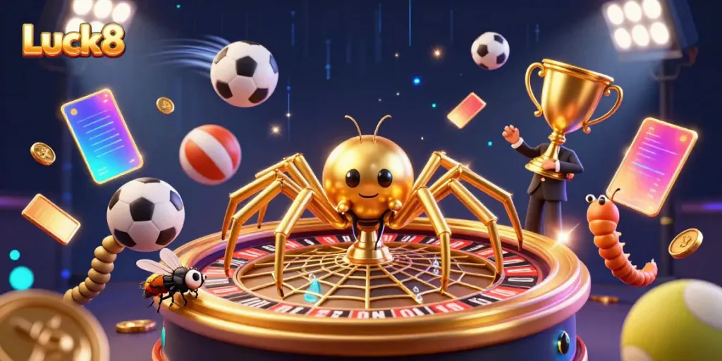 Experience Luck8 with dynamic betting at a vibrant 3D casino scene featuring a golden spider spinning a roulette web.