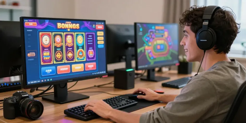 Joueur enthousiaste découvrant un casino en ligne sans dépôt sur son ordinateur, ambiance dynamique et moderne.