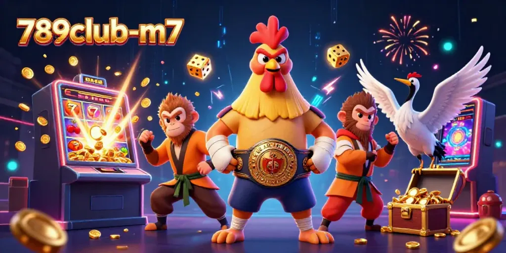 Experience the excitement of 789club-m7 with a dynamic casino scene featuring animated characters and jackpots.