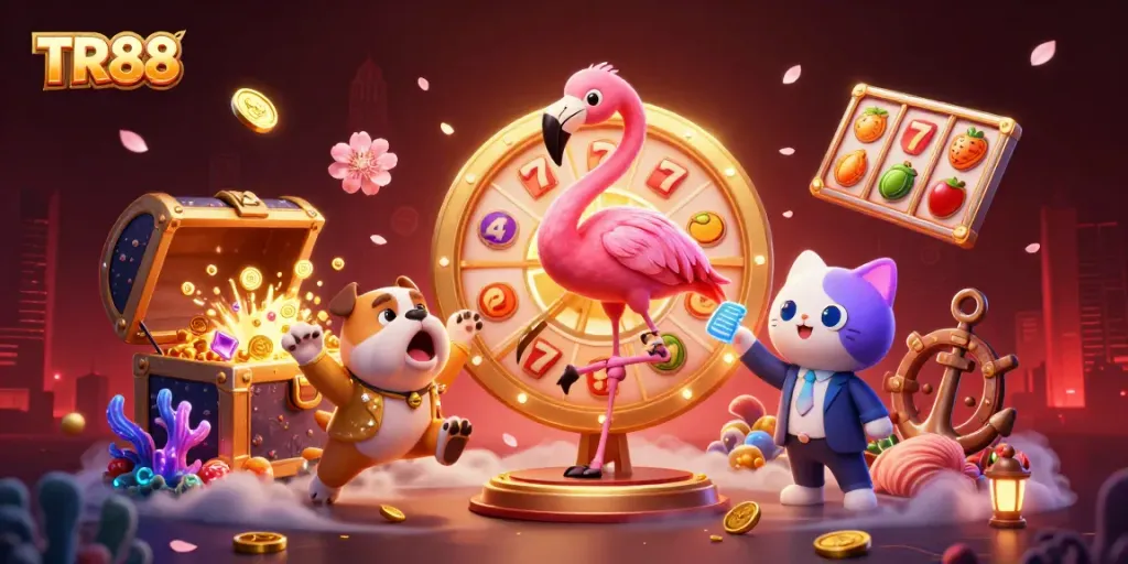 Experience TR88 excitement with a vibrant game show scene featuring a flamingo host and bulldog contestant.