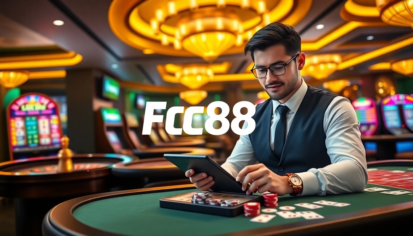Exciting gaming experience at Nhà cái fc88 featuring players at luxurious casino tables.