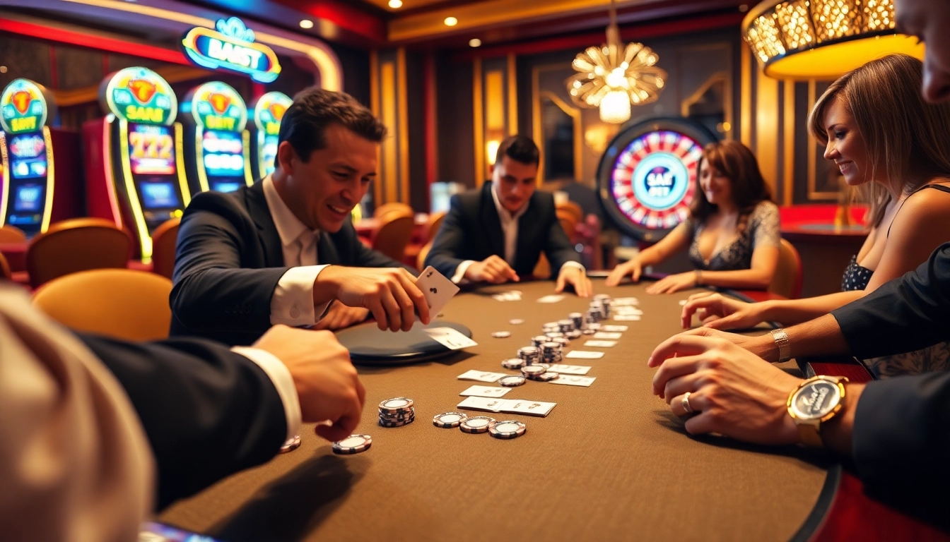 Exciting moment at a SAO BET blackjack table with eager players and a professional dealer.