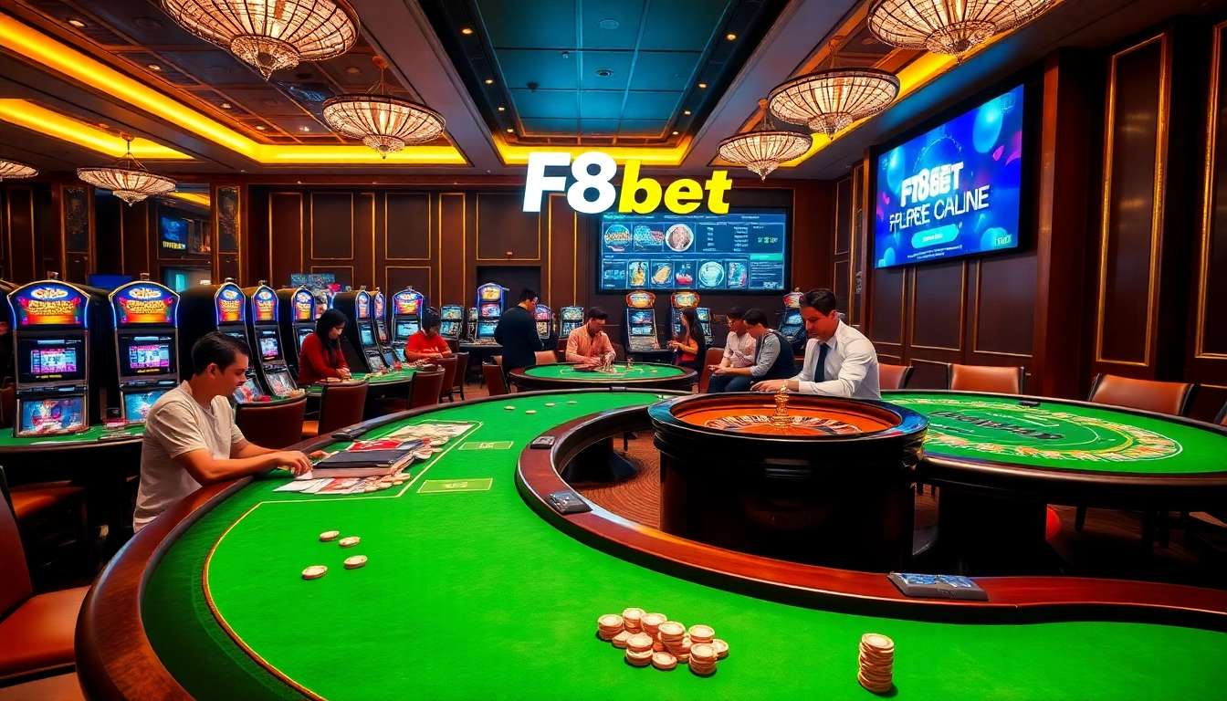 Exciting F8bet casino scene with players at card tables and vibrant slot machines.