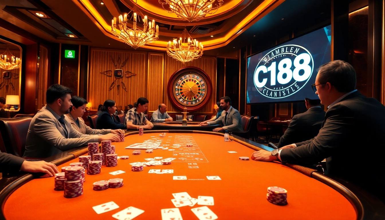 C168 casino table scene with poker chips and cards, invoking excitement in gambling.