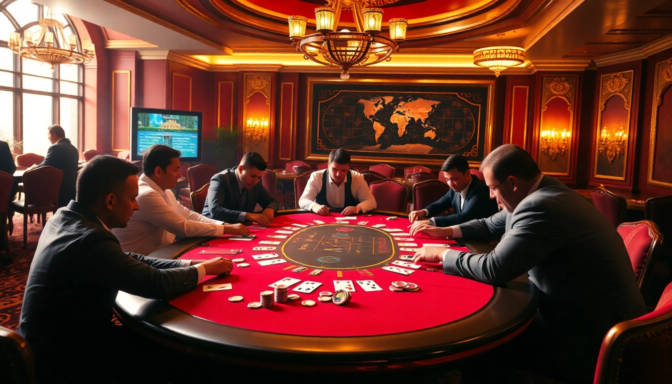 SV388 players enjoying a high-stakes poker game at an elegant casino table surrounded by chips and cards.