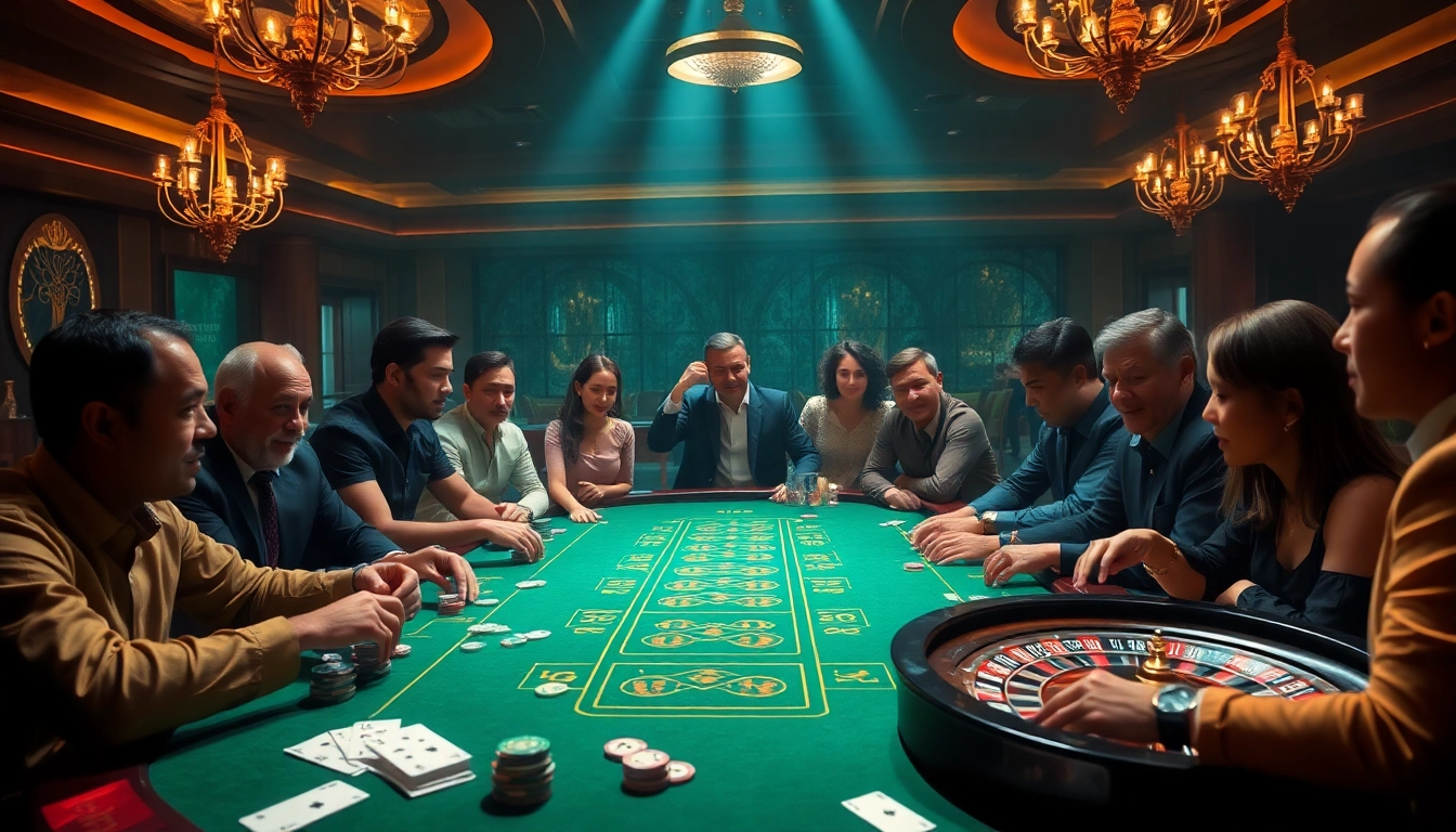 Experience the excitement of lc88 bet at a luxury casino table with lively players and vibrant gaming elements.