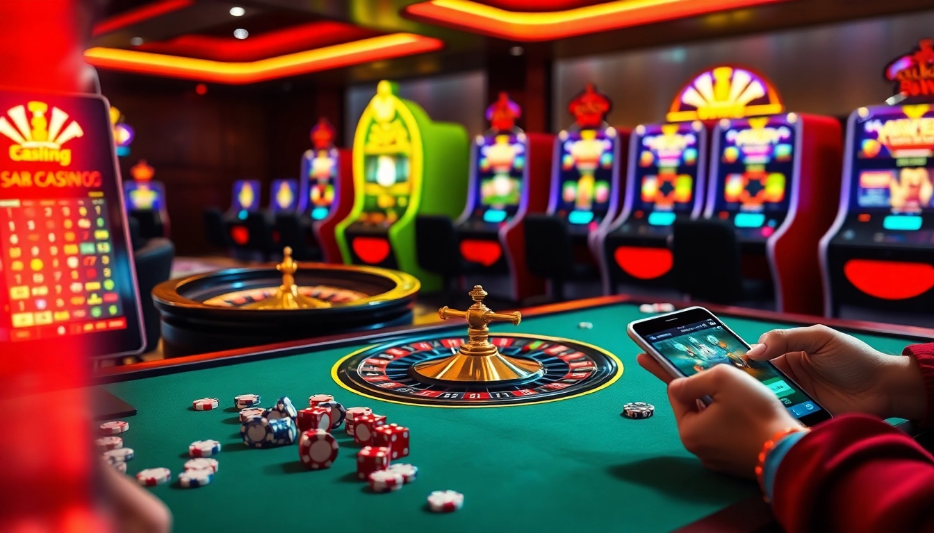Exciting gambling action on s8 org interface with roulette, poker chips, and slot machines.