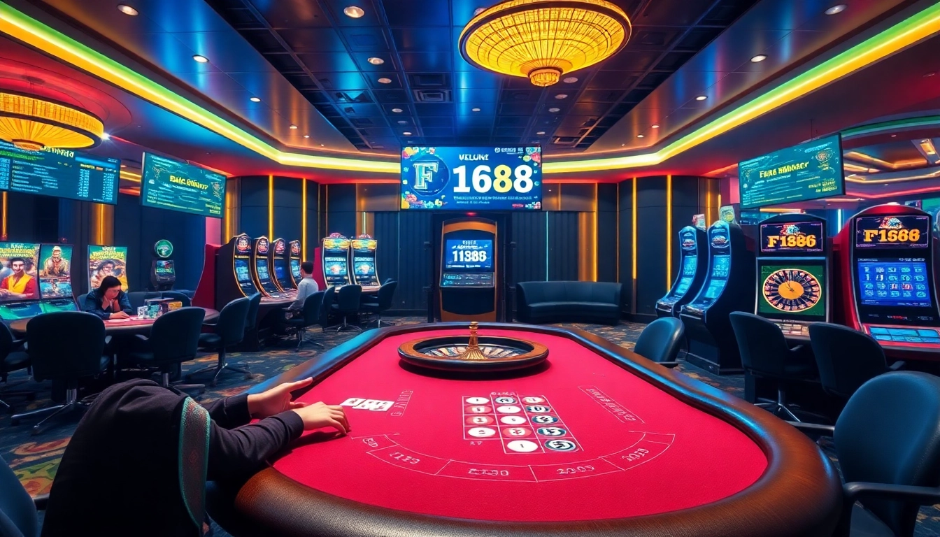 Experience F168 through a luxurious game setup featuring vibrant tables, chips, and online betting screens.