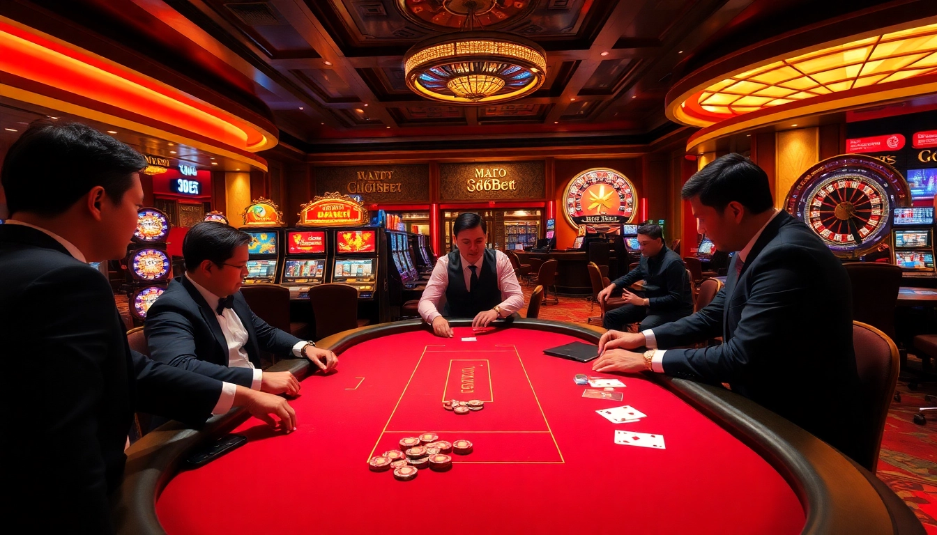 Engage in thrilling gambling activities at 368BET's vibrant casino with lively tables and colorful slot machines.
