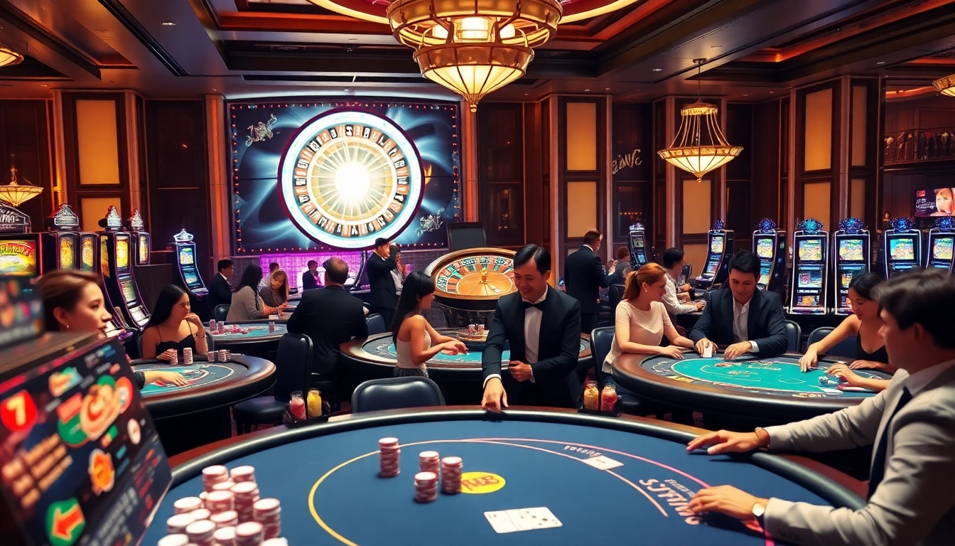 F8Bet gaming scene depicting players engaged in poker and blackjack at a luxurious casino.