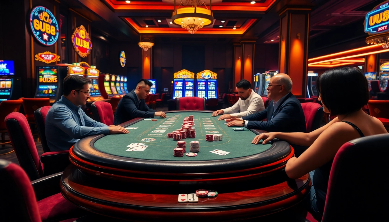 Players enjoying a high-stakes poker game at UU88 casino, showcasing a vibrant, exciting environment.