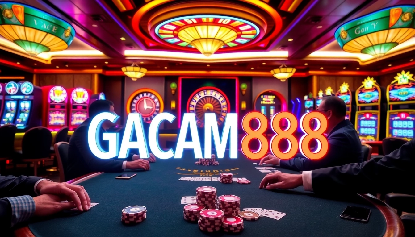 GACAM888 players enjoying an exciting high-stakes poker game in a luxurious casino setting.