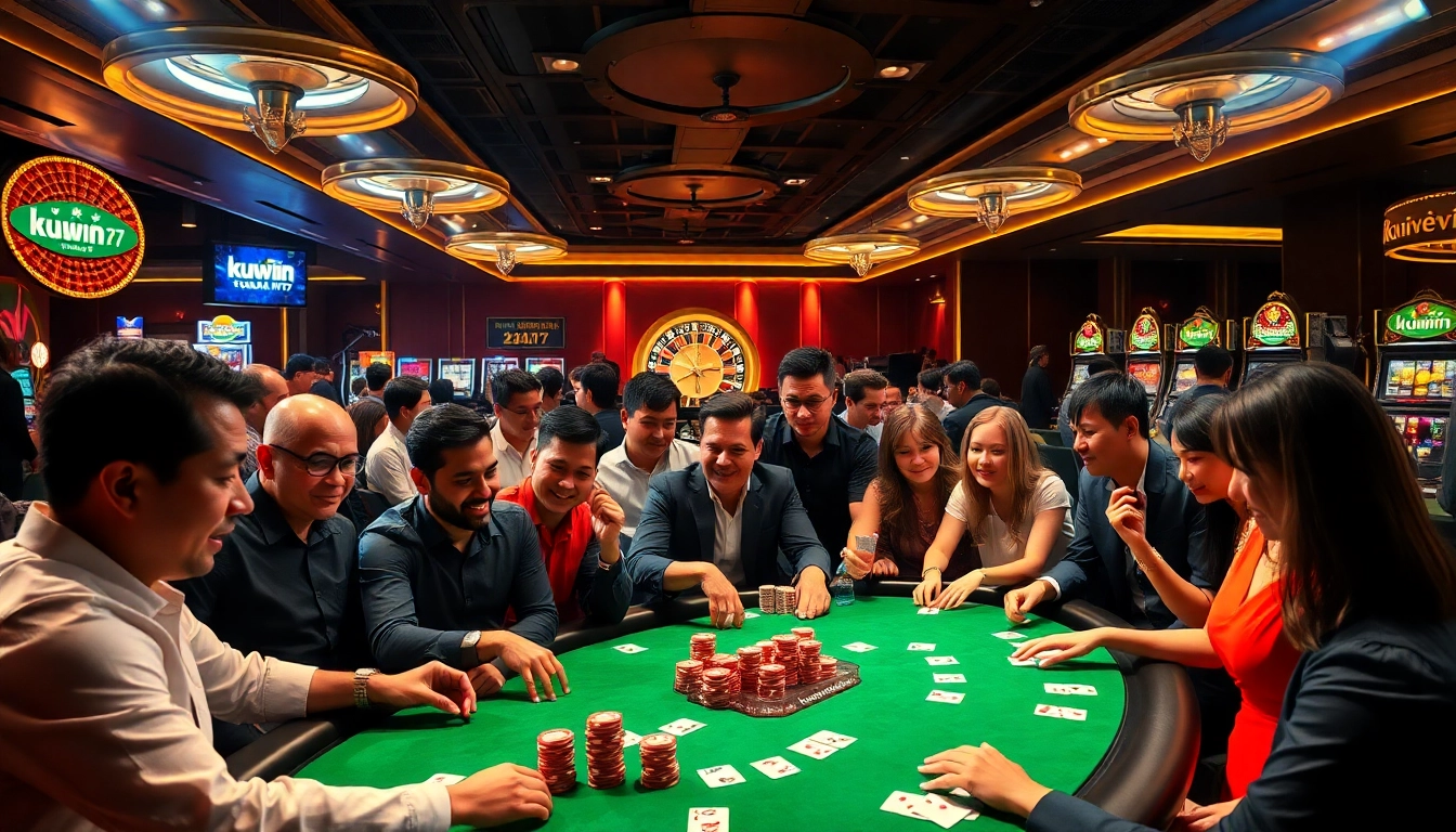Engaging in a poker game at a vibrant casino, kuwin 24/7 service signs are visible.