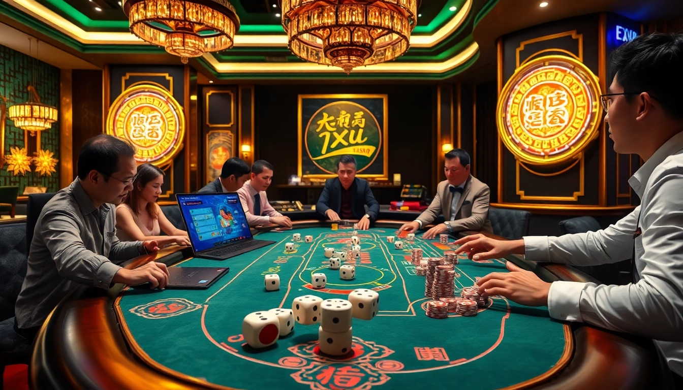 Engaging scene of players enjoying tài xỉu online at a luxurious casino table with vibrant colors.