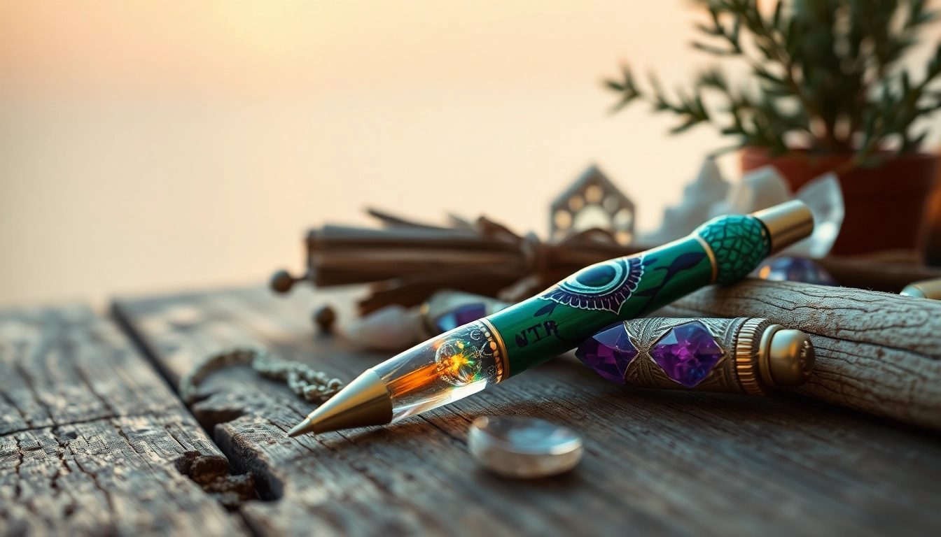 Discovering a third eye dmt pen among crystals and sage on a rustic wooden table.