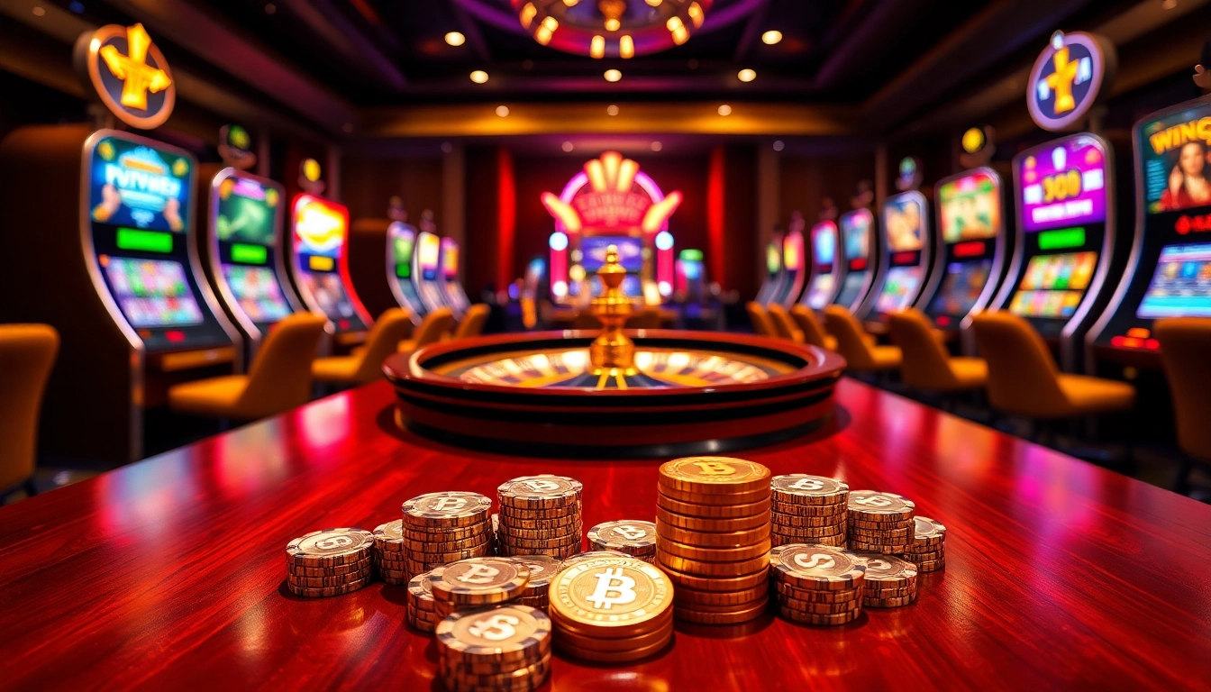 Experience the excitement of casino crypto gameplay with vibrant slot machines and poker chips.