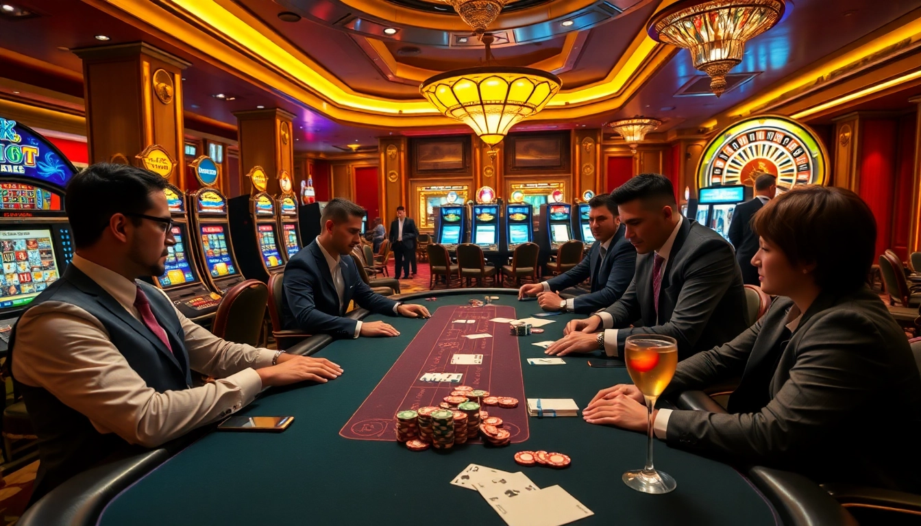A thrilling poker game scene at uu88 casino with stylish players and colorful slot machines.