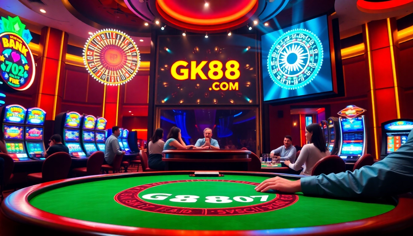 Players enjoying a thrilling poker game at GK88.COM's luxurious casino.