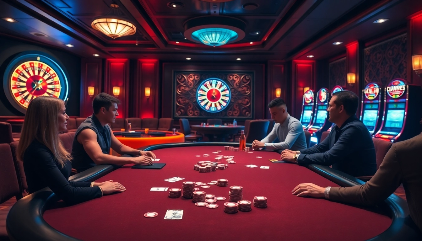 Players strategizing at a poker table within the vibrant world of https://b52club.forum/ for thrilling gambling experiences.