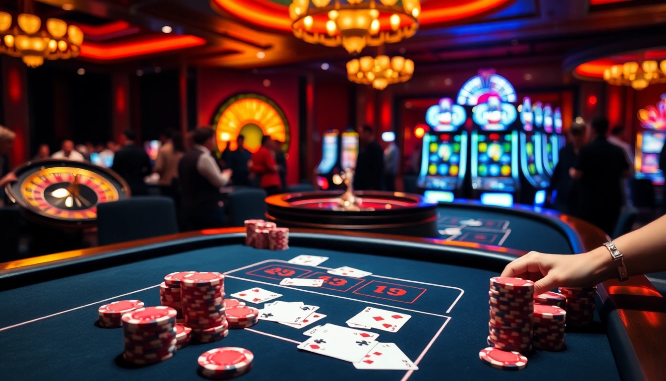 A vibrant scene of the Bk33 club showcasing a blackjack table with players, casino chips, and excitement.