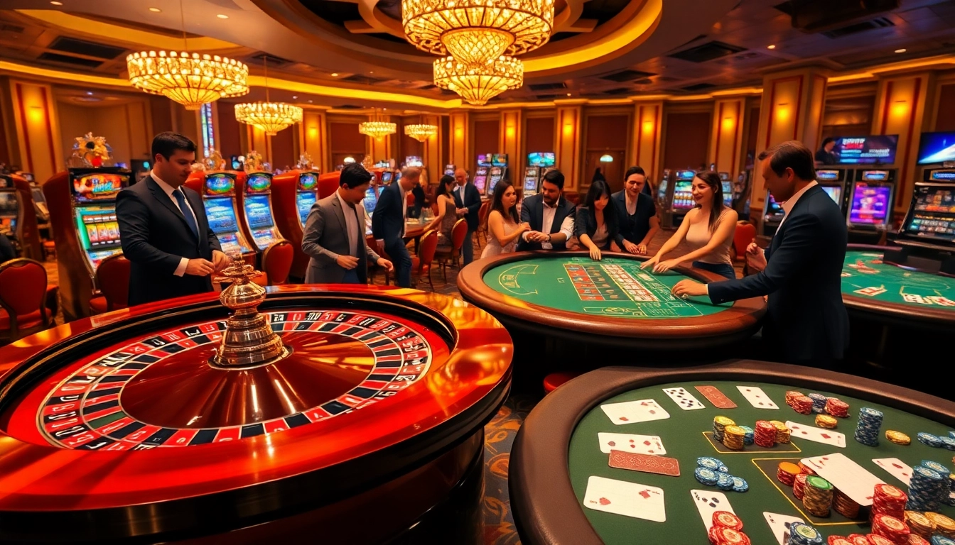 Experience lively betting at https://f8bet.ventures/ with players at a roulette table in a luxurious casino.
