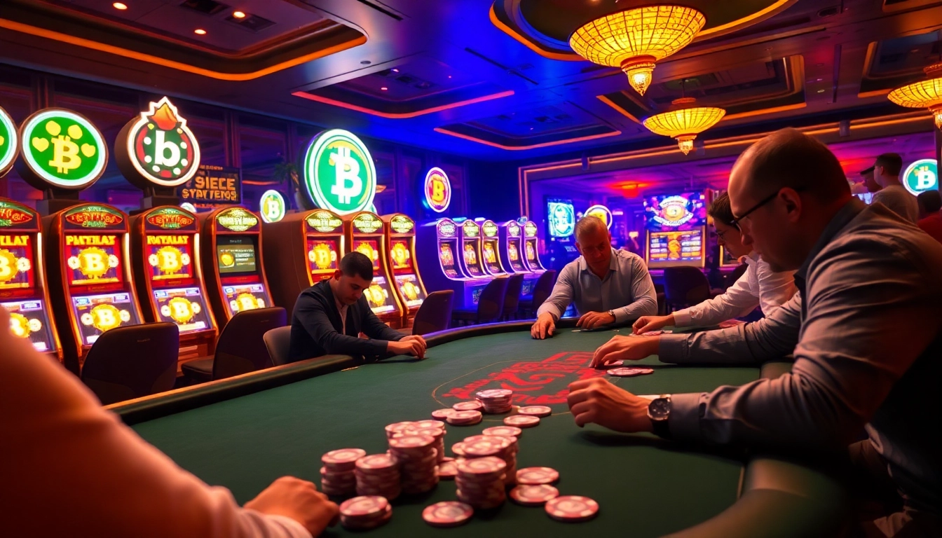 Exciting casino crypto scene with poker gameplay and glowing slot machines.
