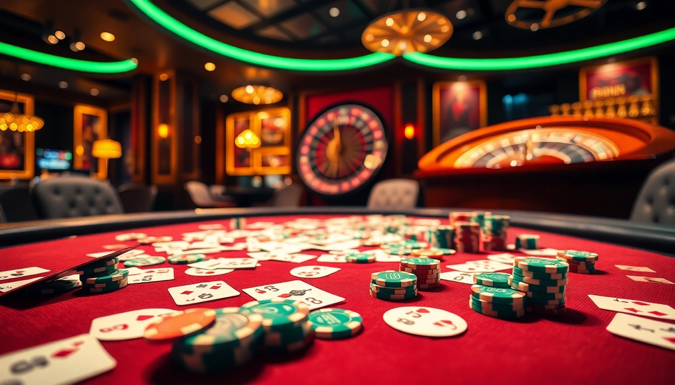 Experience the thrilling atmosphere of 23WIN's luxurious casino with poker chips and roulette wheels.