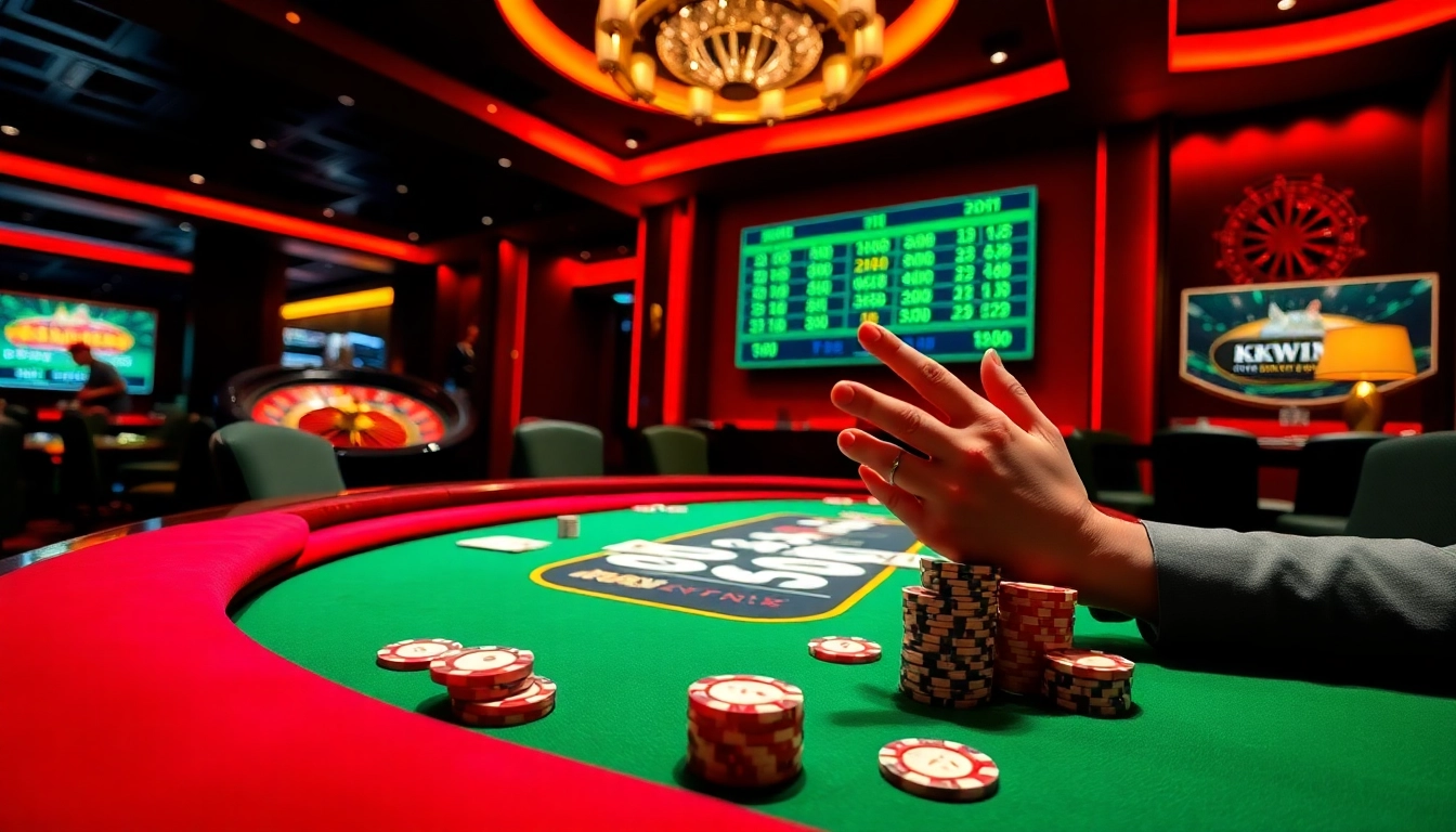 Players celebrating their wins at the KKWIN casino table, showcasing vibrant gambling atmosphere.