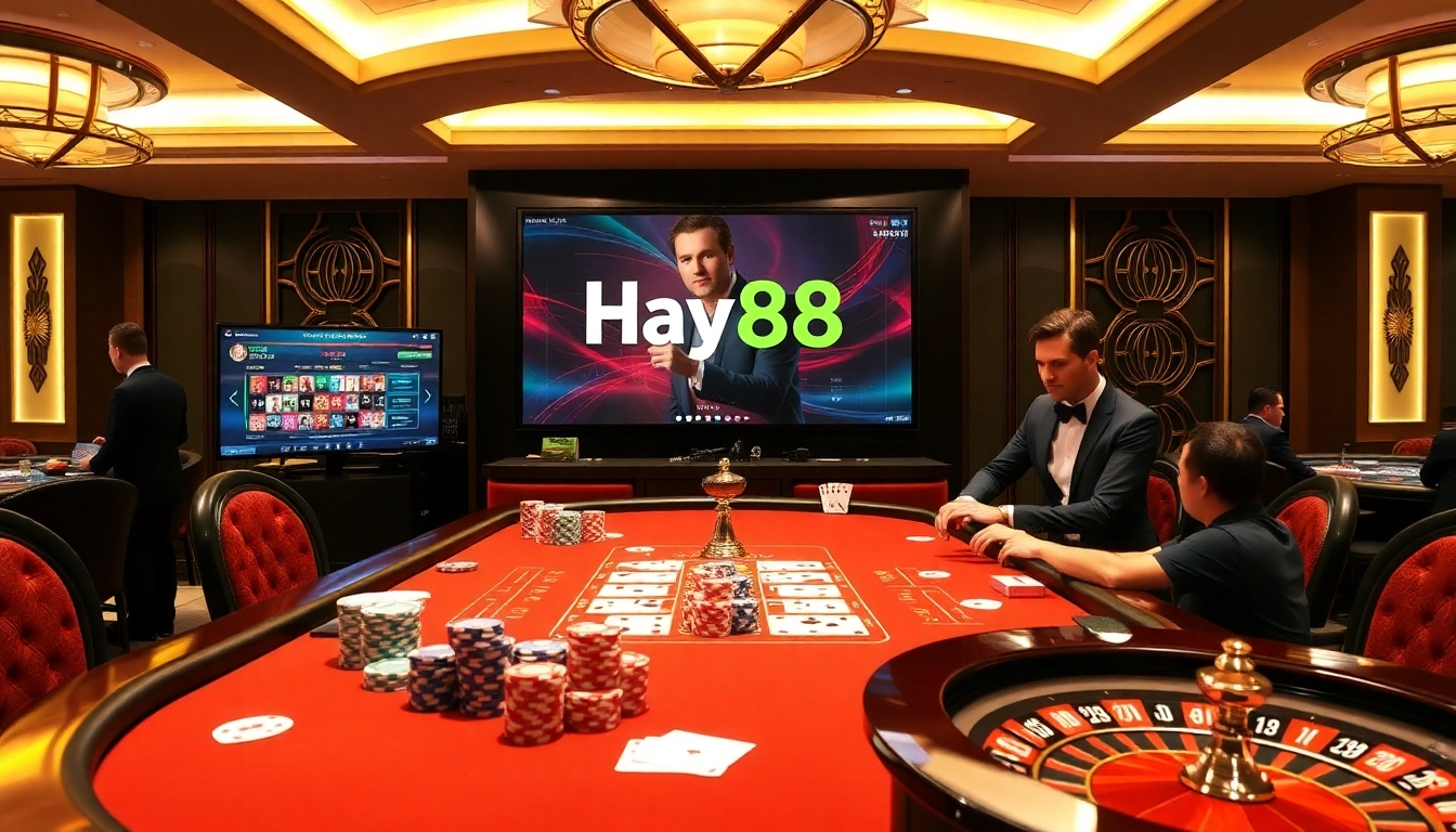 Experience the thrill of Hay88 with vibrant gaming tables, poker chips, and roulette wheels.