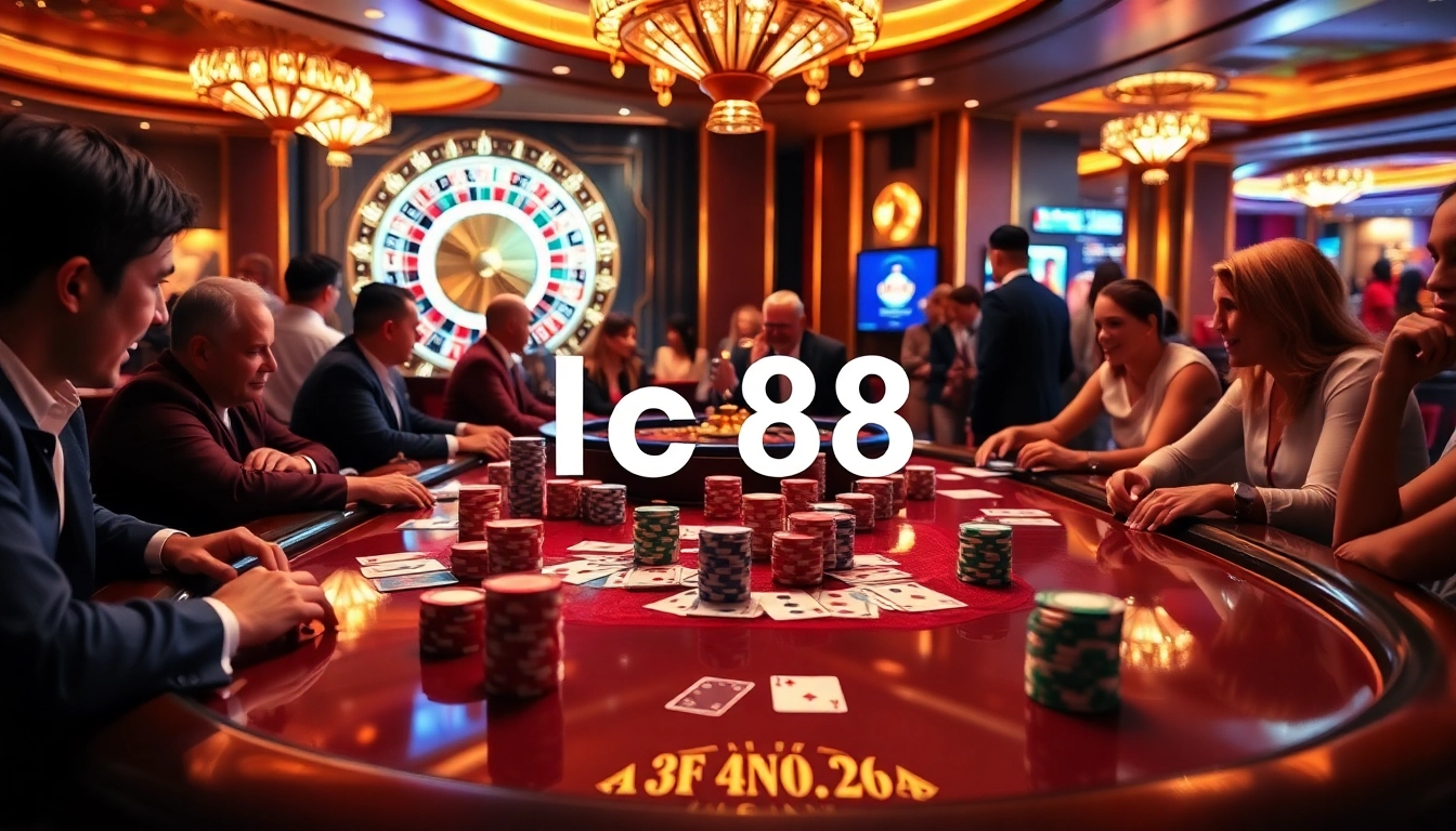 Experience the excitement of a high-stakes gambling scene at lc88 casino with poker players and vibrant roulette.