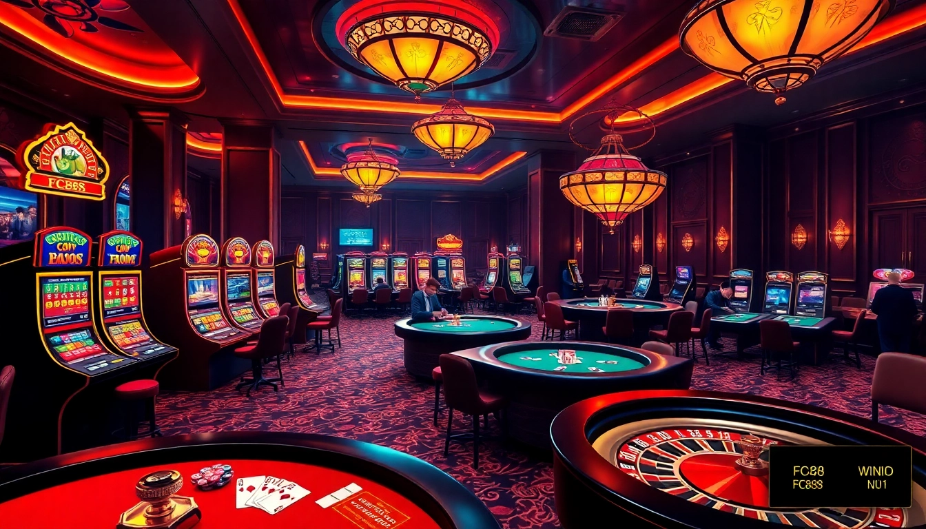 Players engaging in thrilling games at FC88 casino featuring vibrant slot machines and poker tables.