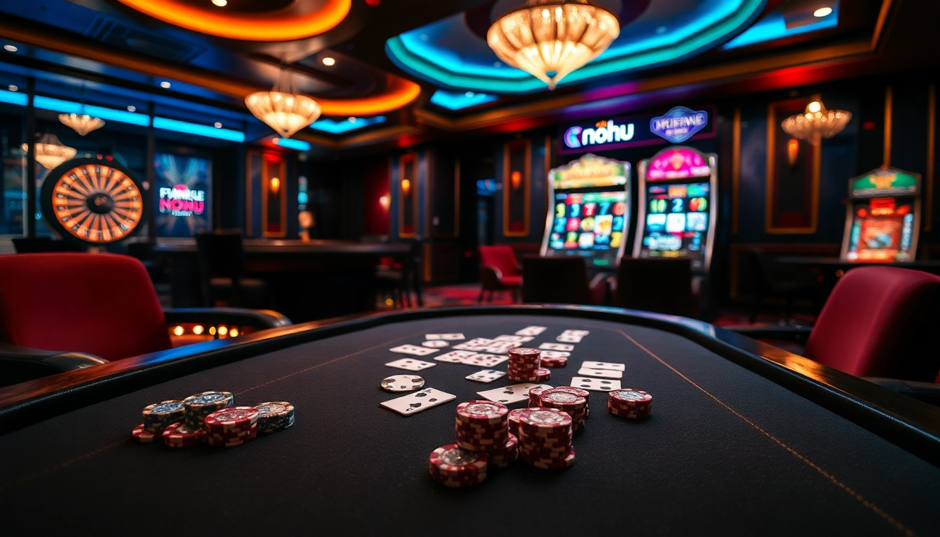 Nohu casino scene featuring luxurious poker tables, vibrant roulette wheel, and colorful slot machines.
